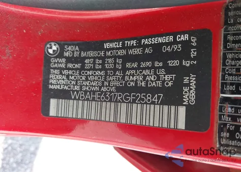 1994 BMW 540 I Automatic from USA, damaged, VIN WBAHE6317RGF25847